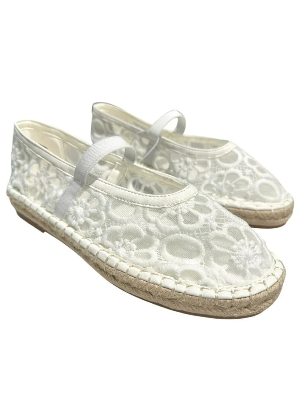 White Lace Espadrille Flats With Floral Embroidery & Elastic Strap Size 6.5